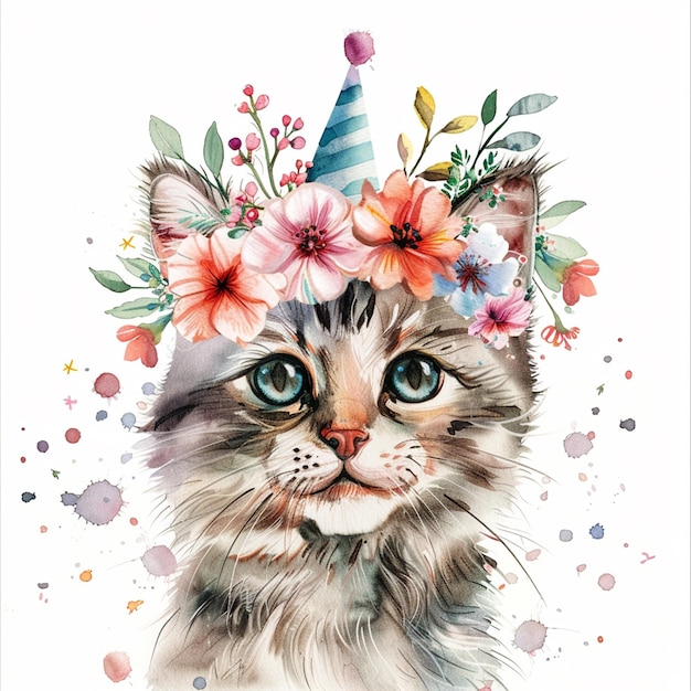 cute cat With Flowers on His Head