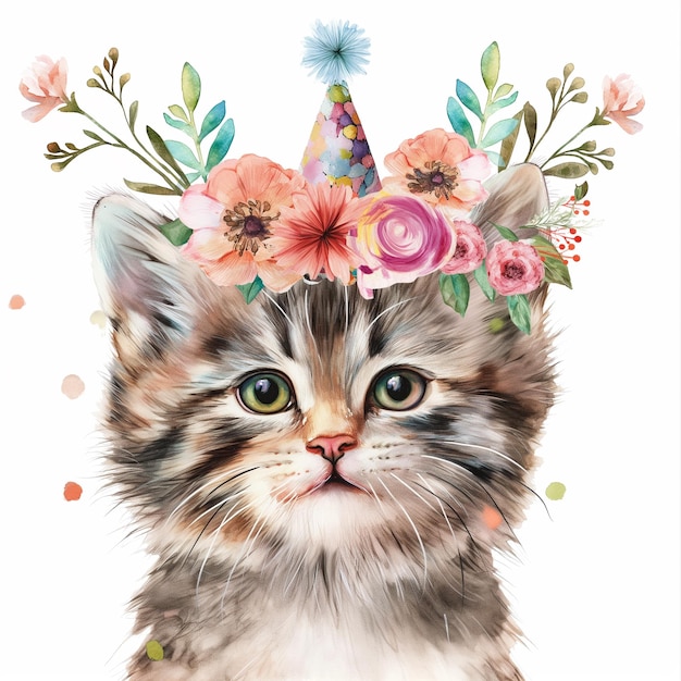 cute cat With Flowers on His Head