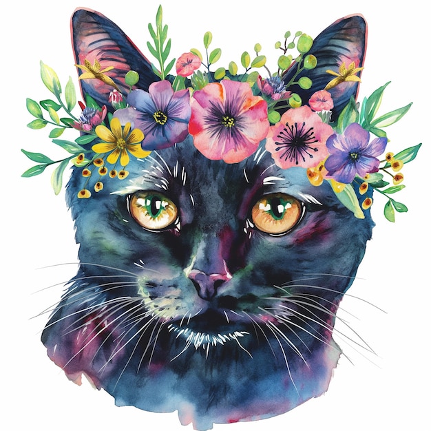 cute cat With Flowers on His Head