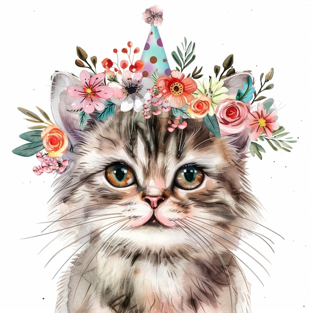 cute cat With Flowers on His Head