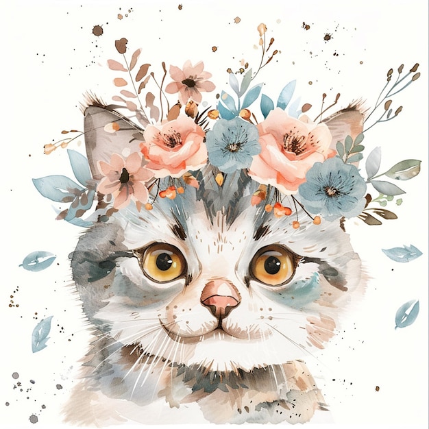 cute cat With Flowers on His Head