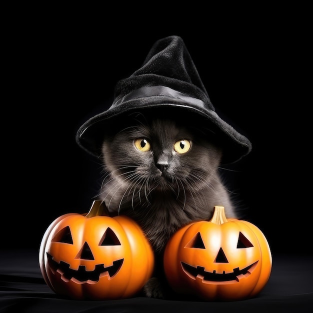 Cute cat with halloween pumpkins isolated on black background