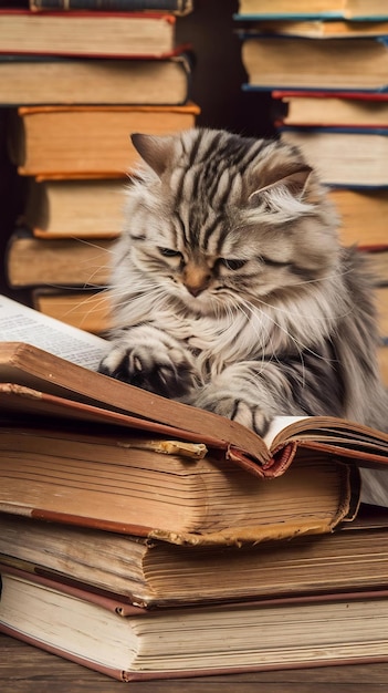 Photo cute cat with old book