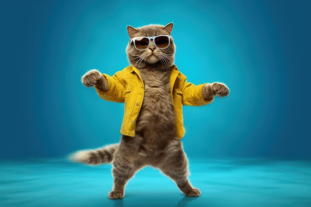 Cute Cat with sunglasses dancing isolated on blue background Generative AI