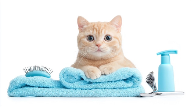 Cute cat with towel and grooming tools nearby