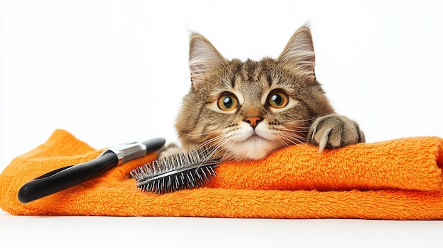 Photo cute cat with towel and grooming tools nearby