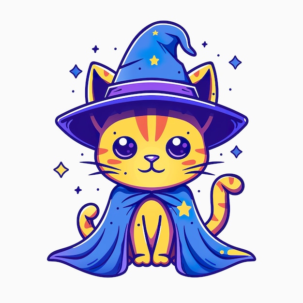 Cute Cat wizard cartoon character wearing magic robe and magic hat Chibi Cat magician