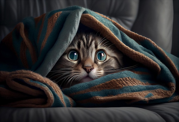 Cute cat wrapped in a blanket to keep warm