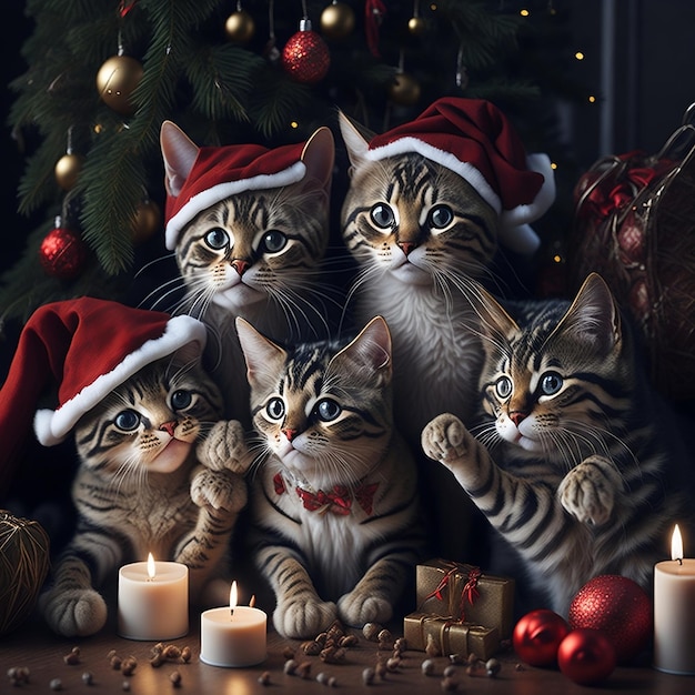 Cute Cats Celebrating Merry Christmas Party Cat in Christmas