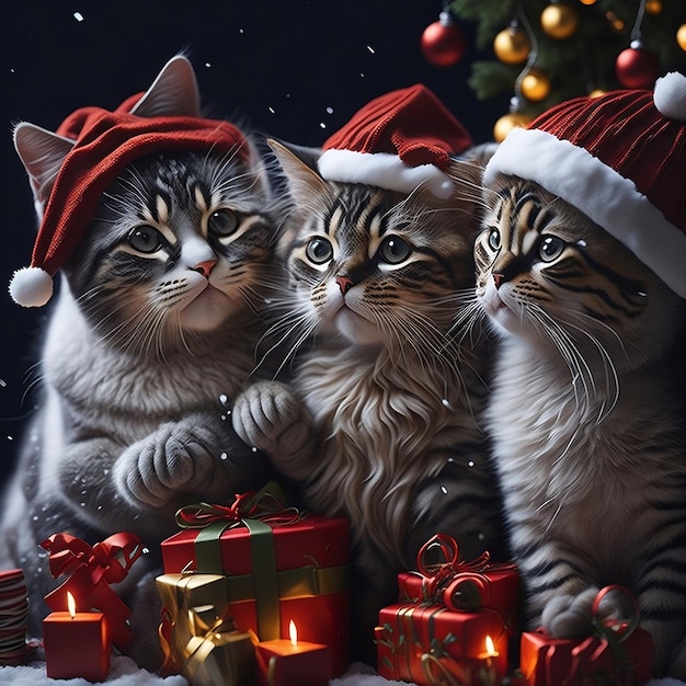 Cute Cats Celebrating Merry Christmas Party Cat in Christmas