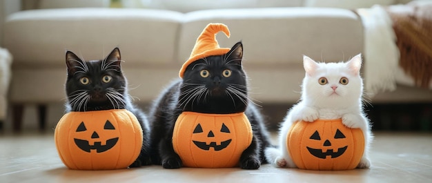 Photo cute cats dressed in kawaii costumes holding teeny halloween pumpkins for the spooky autumn holiday