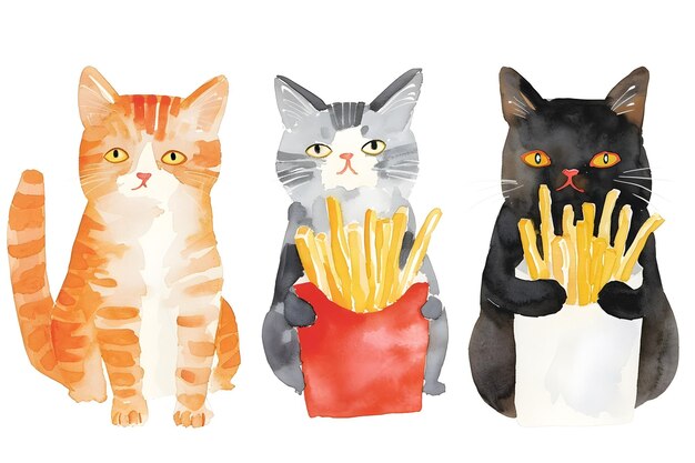 Cute Cats Enjoying French Fries in Minimalist Watercolor