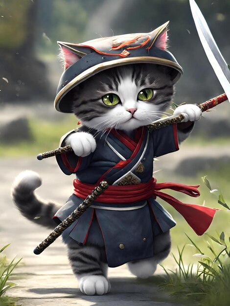 Cute cats kitten wearing ninja and samurai clothes