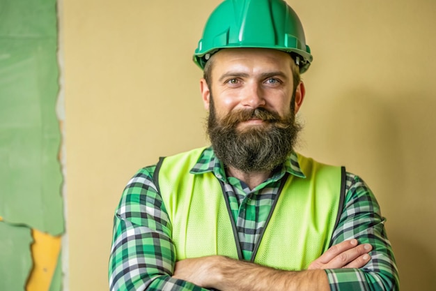 Photo cute caucasian bearded construction worker at construction site 4k hd labor day photo