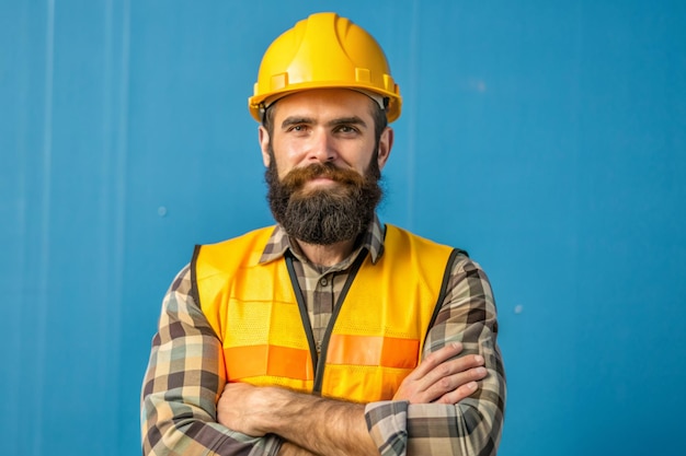 Photo cute caucasian bearded construction worker at construction site 4k hd labor day photo