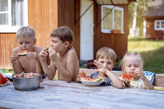 Cute caucasian boy eating watermelon in countryside