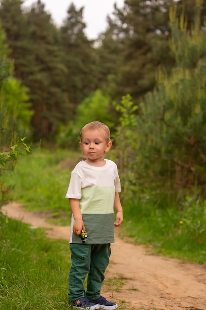 Cute Caucasian boy in the forest against the background of grass summertime