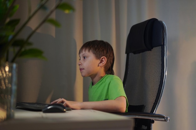 Cute caucasian boy playing video game at desktop computer at home