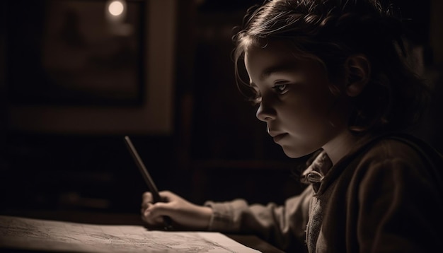 Cute Caucasian child concentrating on creativity holding pencil and paper generated by artificial intelligence