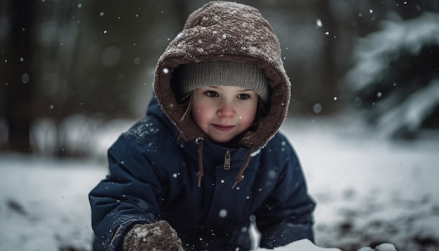 Cute Caucasian child smiling playing in snow generated by AI