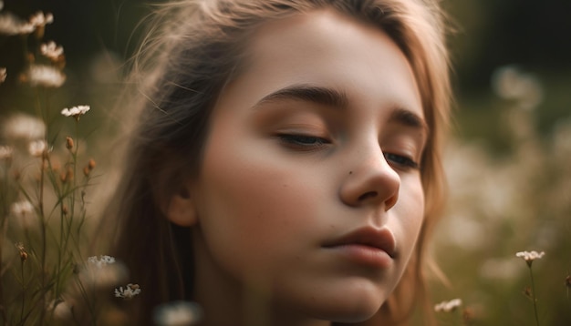 Cute Caucasian girl enjoying nature beauty outdoors generated by AI