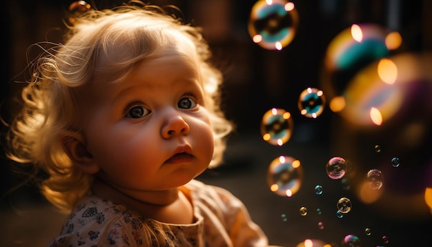 Cute Caucasian toddler girl playing with bubbles outdoors smiling joyfully generated by AI