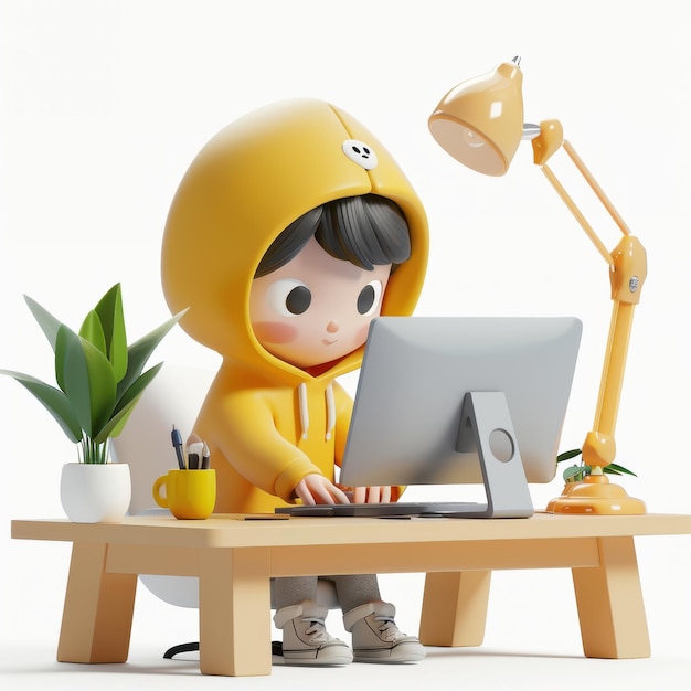 Cute Character in Yellow Hoodie Working at a Computer Desk with Plant and Lamp