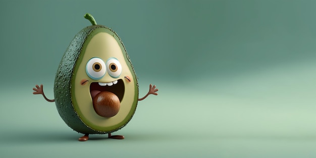 A Cute and Charming Avocado 3D Cartoon Character with copy space. AI Generated