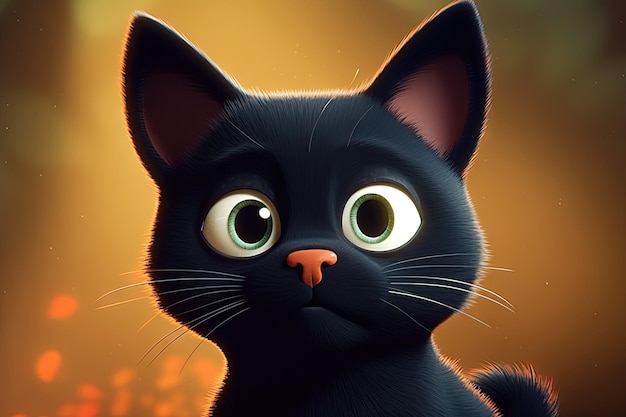 Cute cheekly black Kitten big eyes cat portrait cartoon style on soft light and color background illustration generative ai