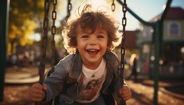 A cute cheerful boy swinging outdoors enjoying the carefree summer generated by artificial intelligence