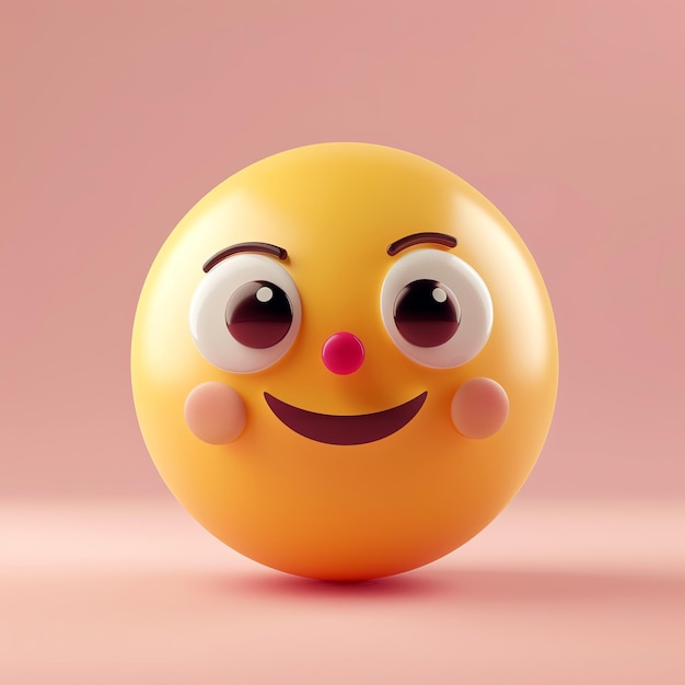 Cute cheerful emoji against a pink background bright and happy yellow face emoticon with big eyes