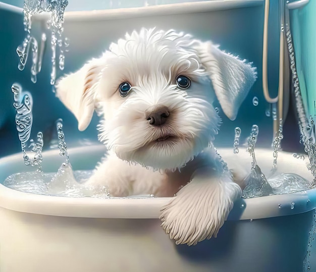 Cute cheerful puppy looking like a toy bathes in a bowl of foam