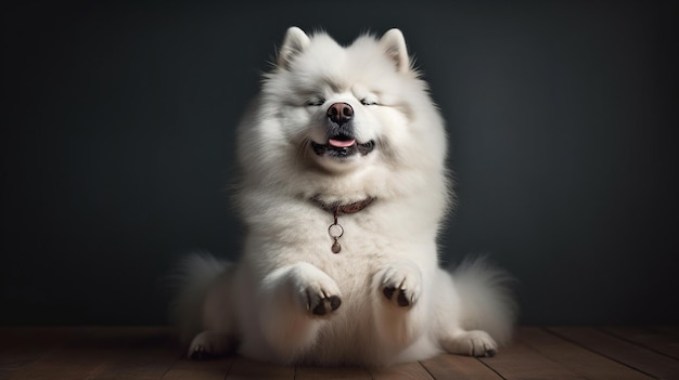 Cute cheerful white fluffy spitz dog stretching front paws against the background of black wall