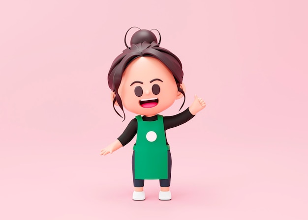 Cute chef baker or barista showing thumbs up restaurant cook mascot on pink background 3d rendering