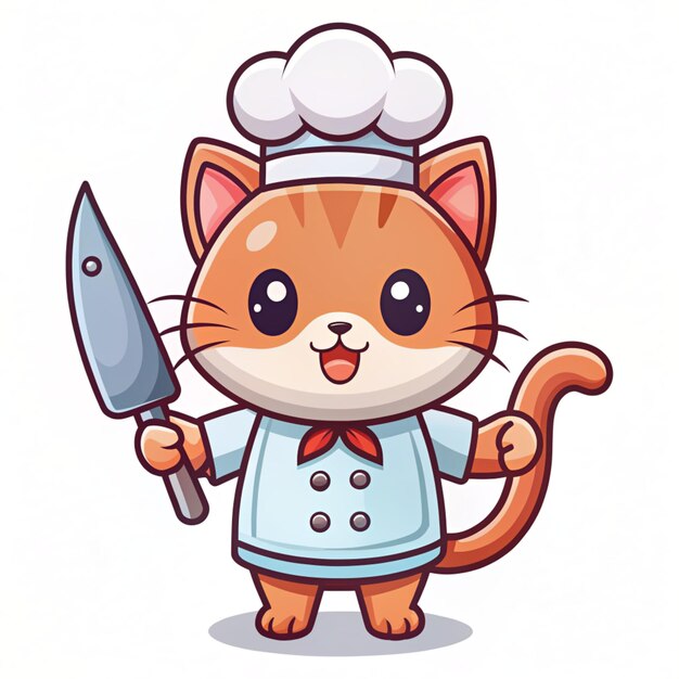 Cute Chef Cat Holding Fish And Knife Cartoon Vector Icon Illustration Food Animal Food Icon Concept Isolated Premium Vector Flat Cartoon Style