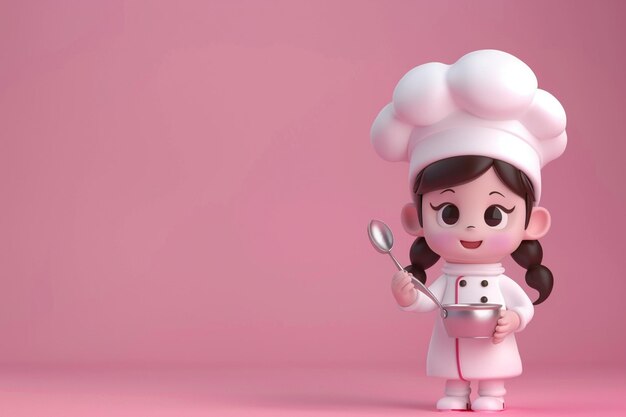 Cute chef girl in uniform holding pot and spoon restaurant mascot character logo on pink background 3d illustration cartoon