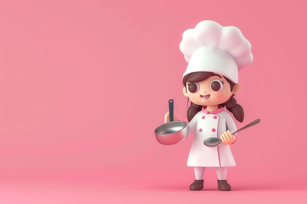 Cute chef girl in uniform holding pot and spoon restaurant mascot character logo on pink background 3d illustration cartoon