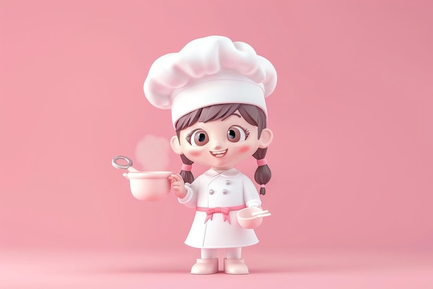 Cute chef girl in uniform holding pot and spoon restaurant mascot character logo on pink background 3d illustration cartoon