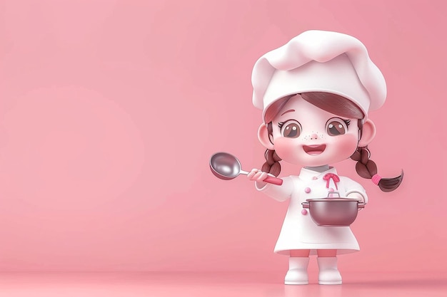 Cute chef girl in uniform holding pot and spoon restaurant mascot character logo on pink background 3d illustration cartoon