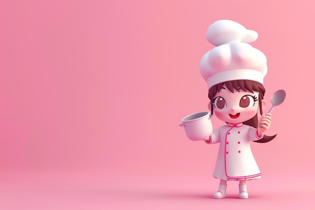 Cute chef girl in uniform holding pot and spoon restaurant mascot character logo on pink background 3d illustration cartoon