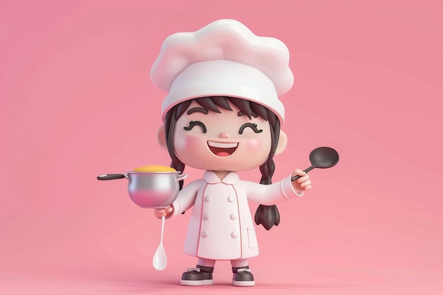 Cute chef girl in uniform holding pot and spoon restaurant mascot character logo on pink background 3d illustration cartoon