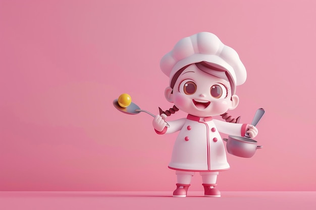 Photo cute chef girl in uniform holding pot and spoon restaurant mascot character logo on pink background 3d illustration cartoon