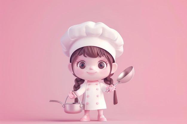 Cute chef girl in uniform holding pot and spoon restaurant mascot character logo on pink background 3d illustration cartoon