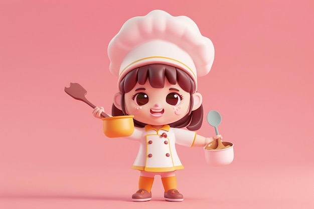 Cute chef girl in uniform holding pot and spoon restaurant mascot character logo on pink background 3d illustration cartoon