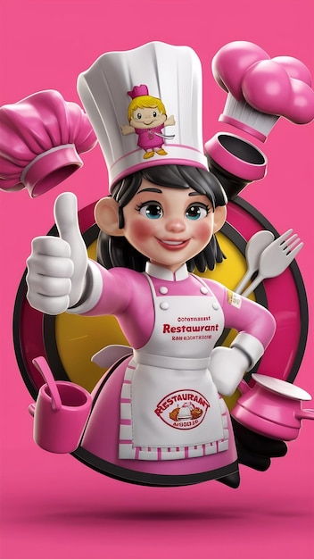 Photo cute chef girl in uniform showing thumbs up sign restaurant mascot character logo on pink backgroun