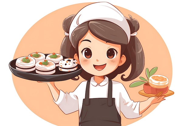 Cute chef hold plate with sushi