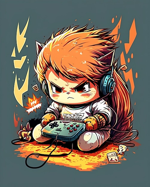 Cute chibi angry domestic baby cat plays video games