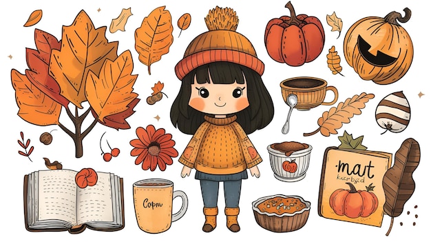 Photo cute chibi autumn clipart kawaii girl with fall items simple vector design perfect for print amp de