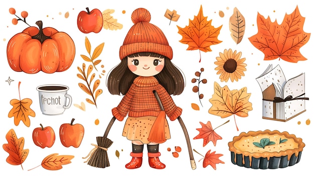 Photo cute chibi autumn clipart kawaii girl with fall items simple vector design perfect for print amp de