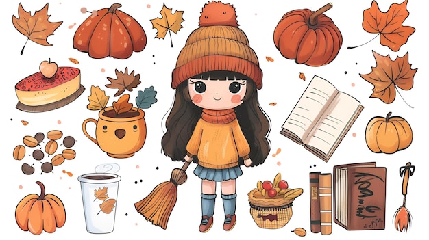 Photo cute chibi autumn clipart kawaii girl with fall items simple vector design perfect for print amp de